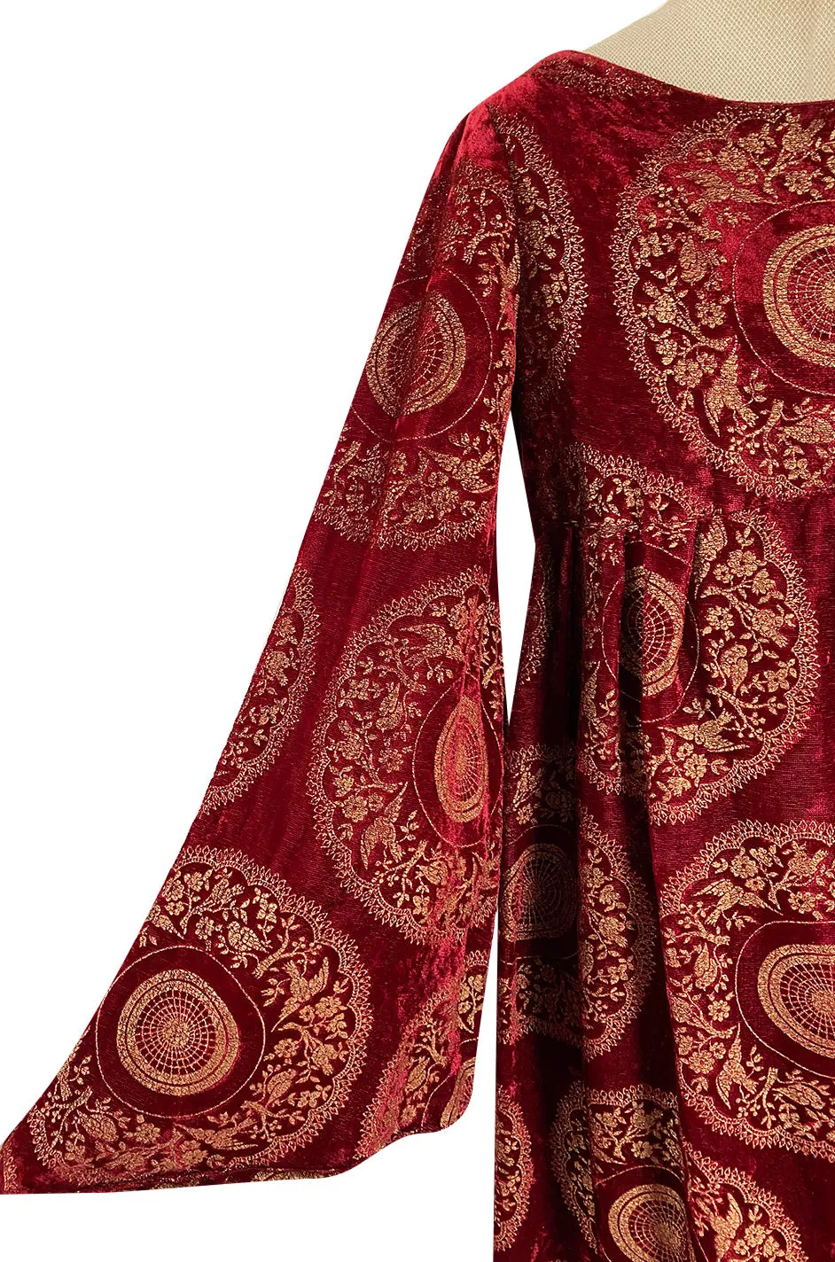 1930s Franco Bertoli Hand Painted Gold Patterned Caftan Dress on A Deep Red Silk Velvet