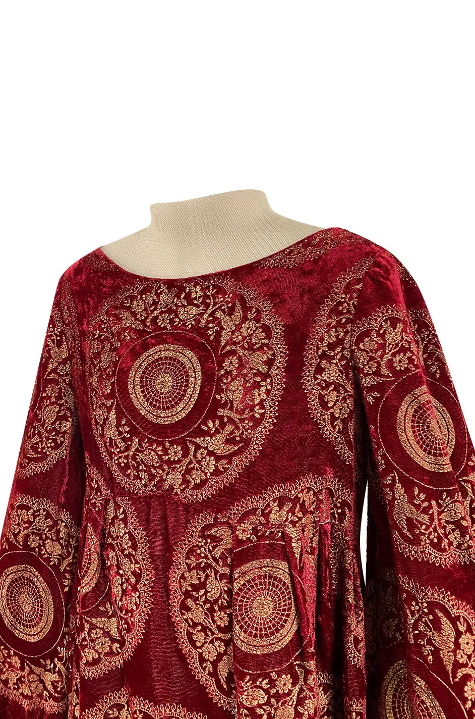 1930s Franco Bertoli Hand Painted Gold Patterned Caftan Dress on A Deep Red Silk Velvet