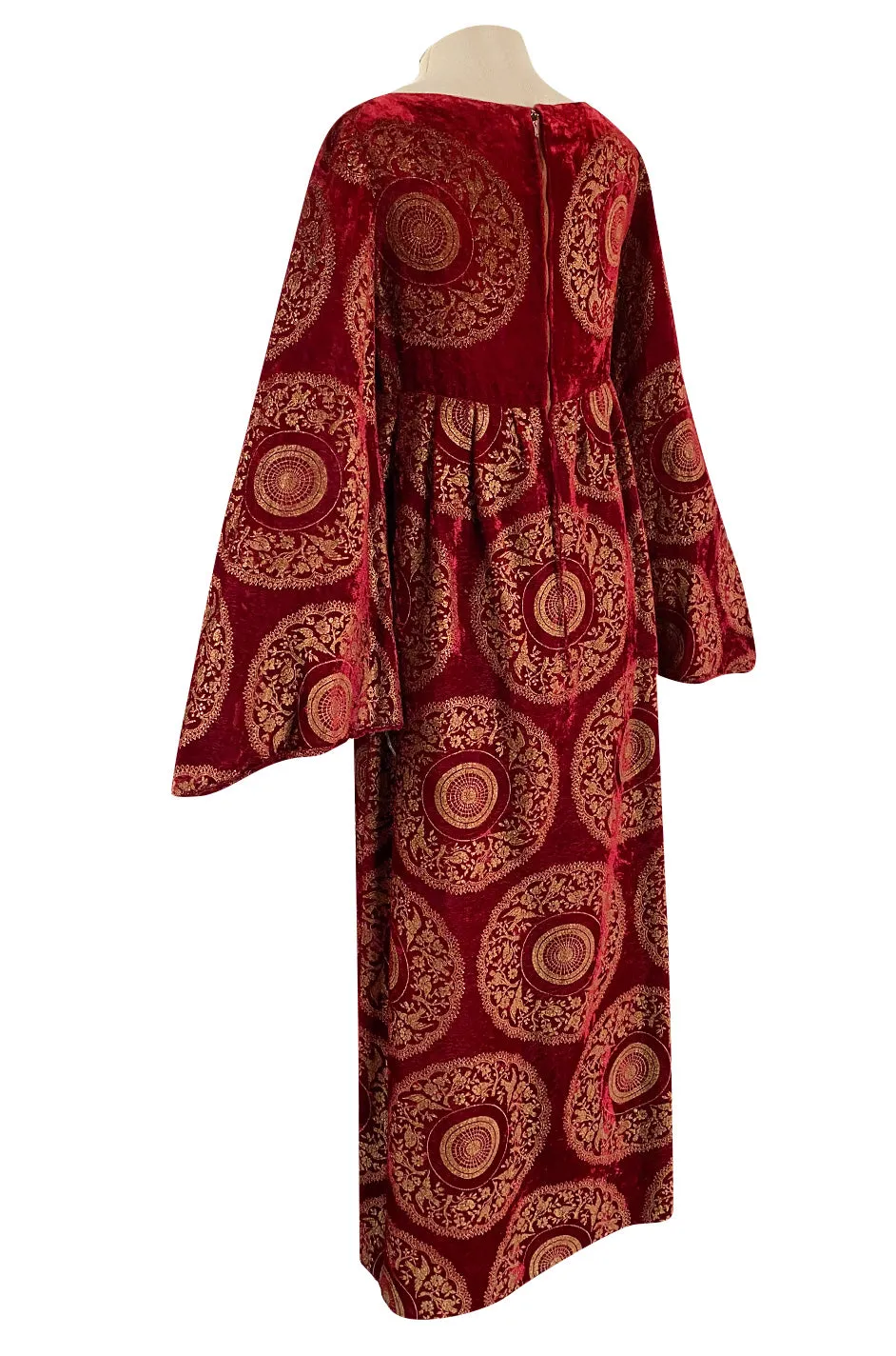 1930s Franco Bertoli Hand Painted Gold Patterned Caftan Dress on A Deep Red Silk Velvet