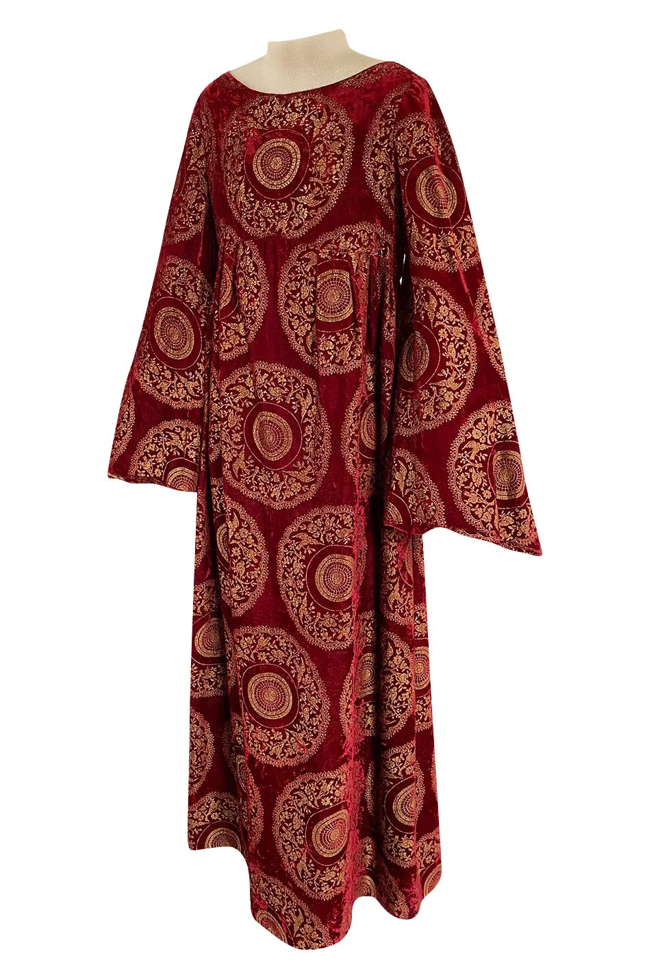 1930s Franco Bertoli Hand Painted Gold Patterned Caftan Dress on A Deep Red Silk Velvet