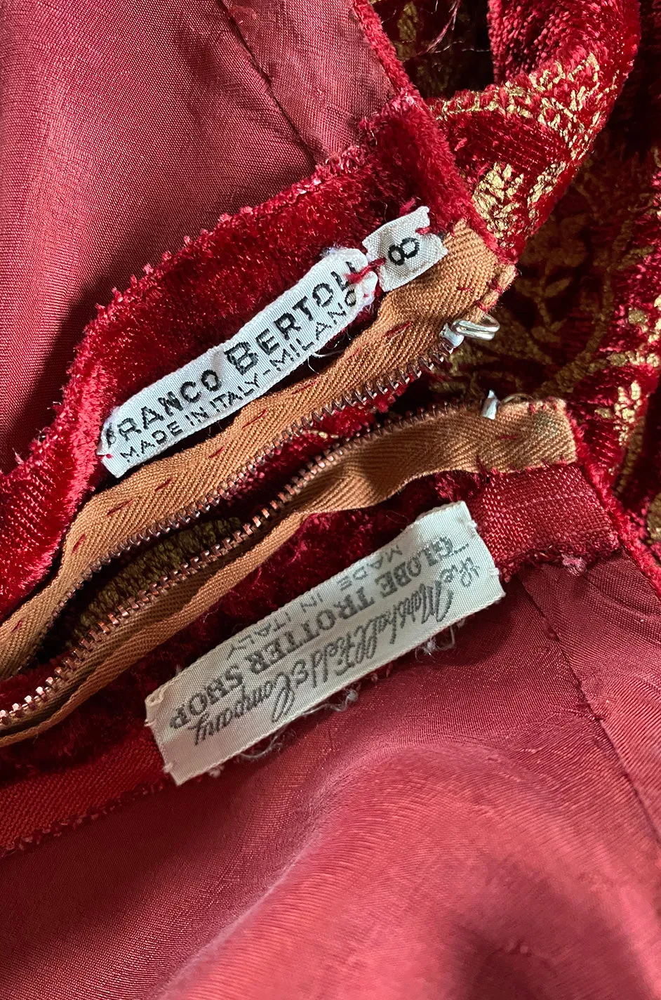 1930s Franco Bertoli Hand Painted Gold Patterned Caftan Dress on A Deep Red Silk Velvet