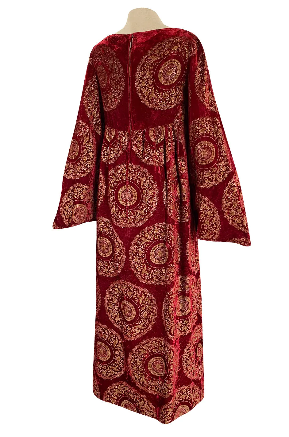 1930s Franco Bertoli Hand Painted Gold Patterned Caftan Dress on A Deep Red Silk Velvet