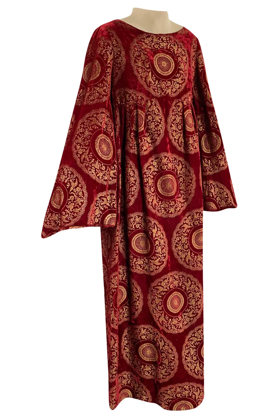 1930s Franco Bertoli Hand Painted Gold Patterned Caftan Dress on A Deep Red Silk Velvet