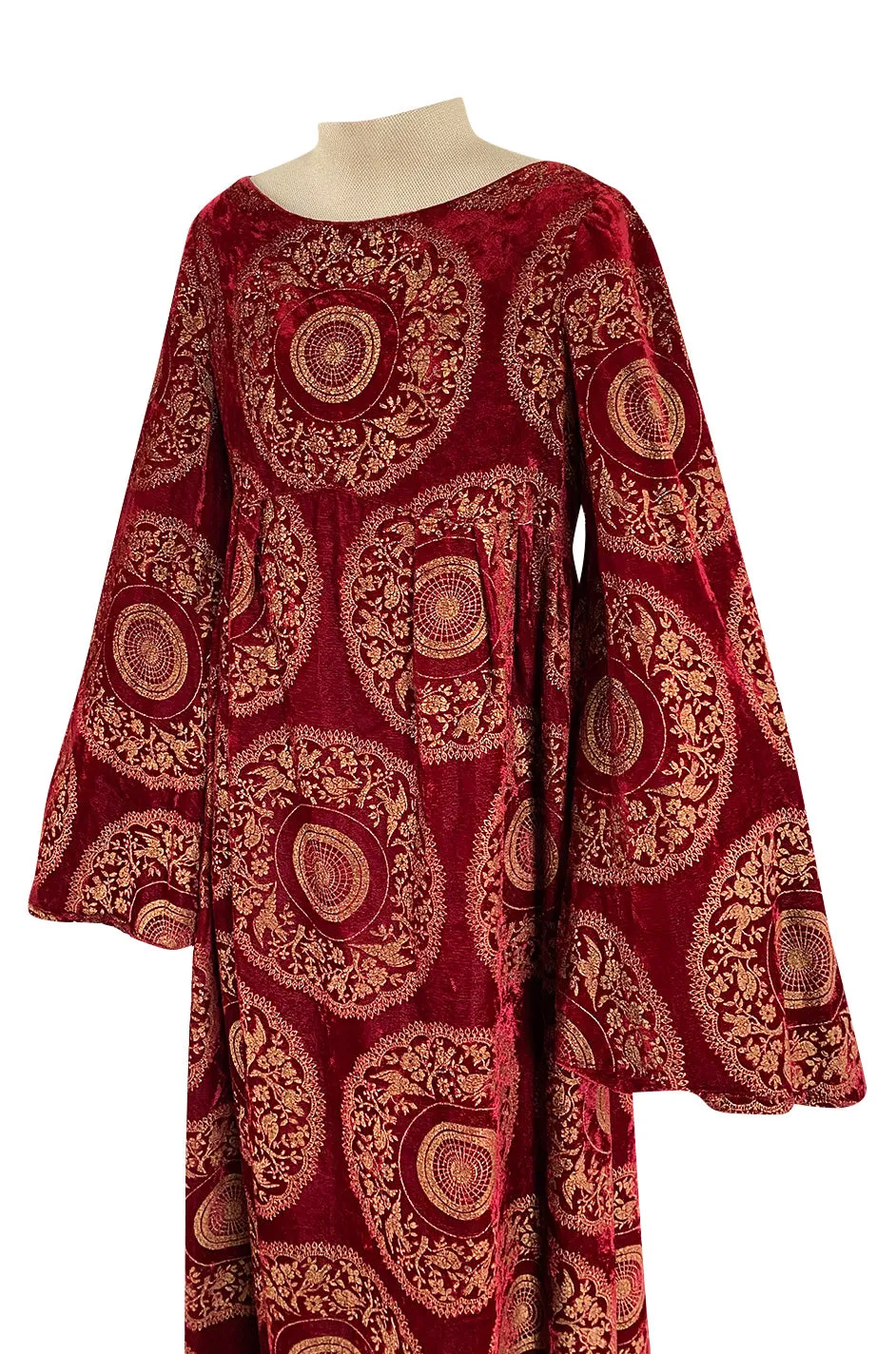 1930s Franco Bertoli Hand Painted Gold Patterned Caftan Dress on A Deep Red Silk Velvet