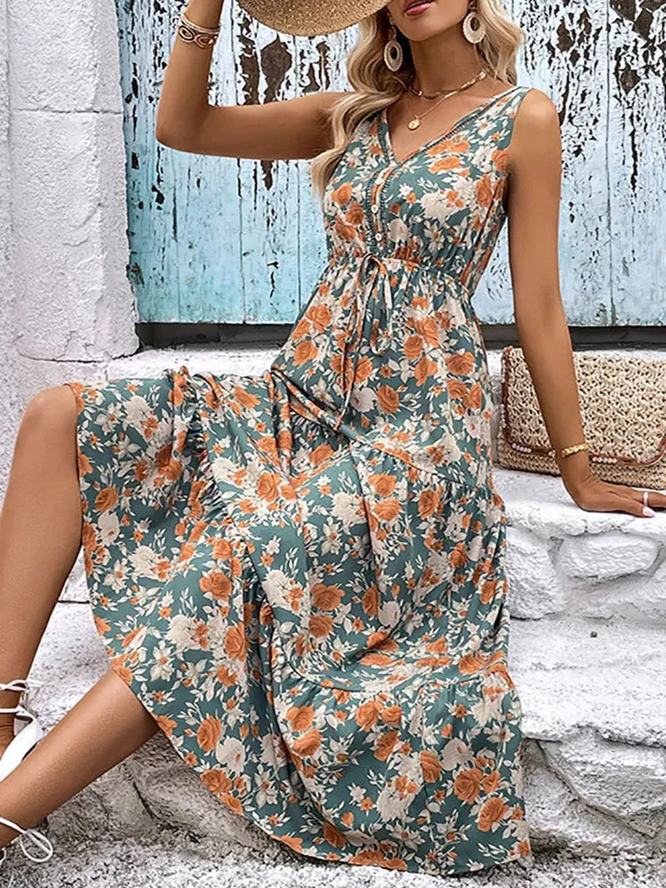 2024 Elegant Floral Sleeveless Ruffle Boho Dress