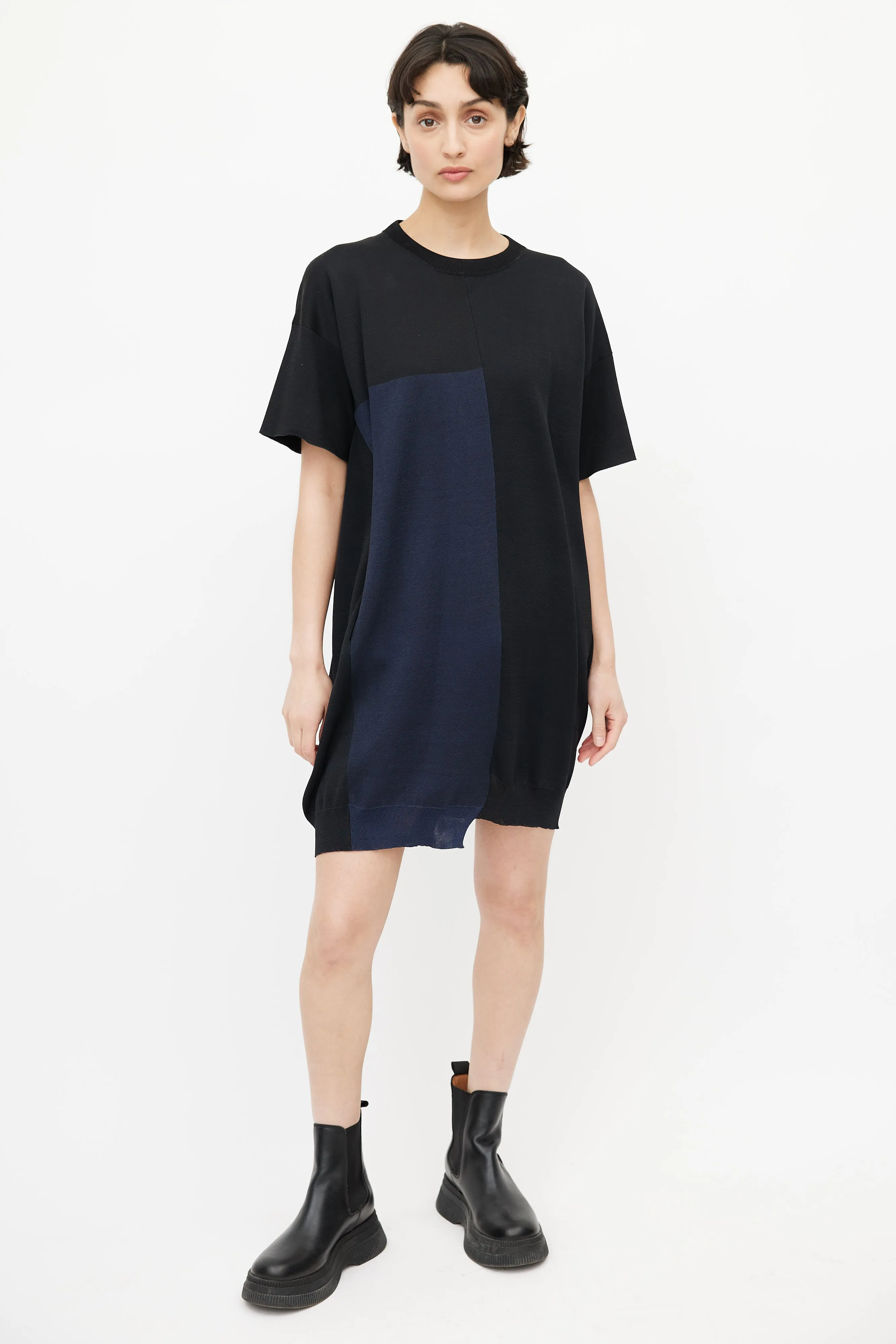 Black & Navy Silk Asymmetrical Dress