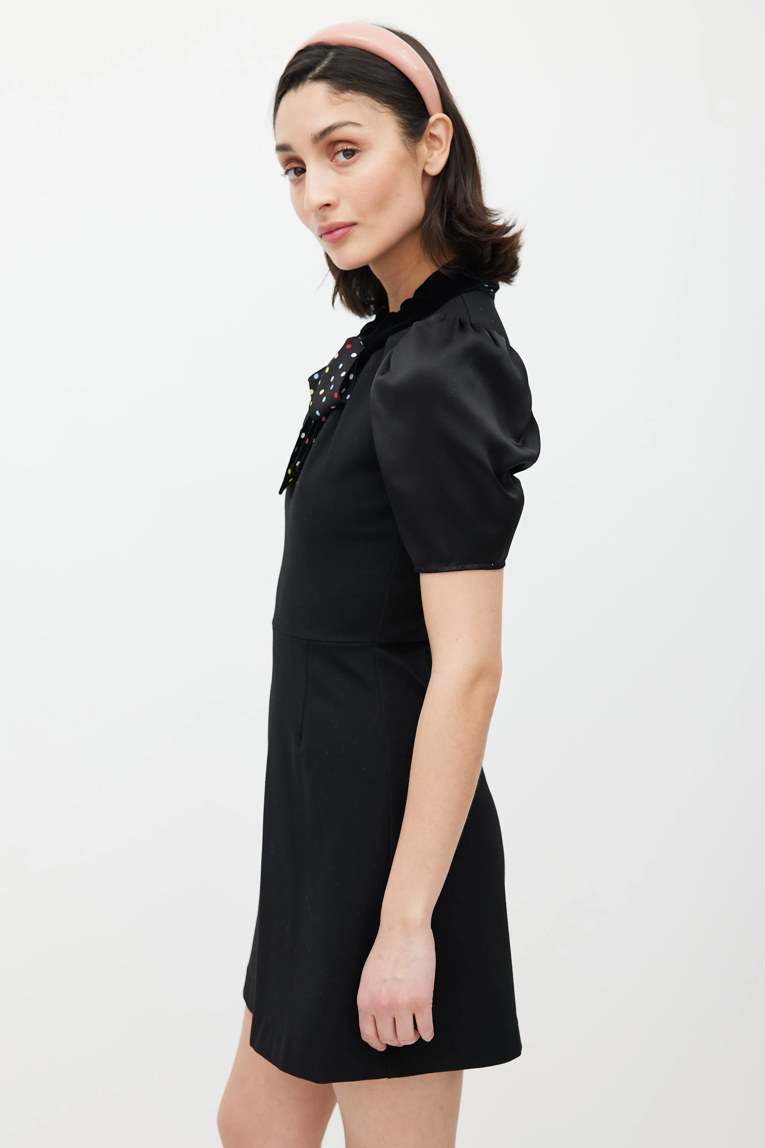 Black Puffed Sleeve Polka Dot Belted Dress
