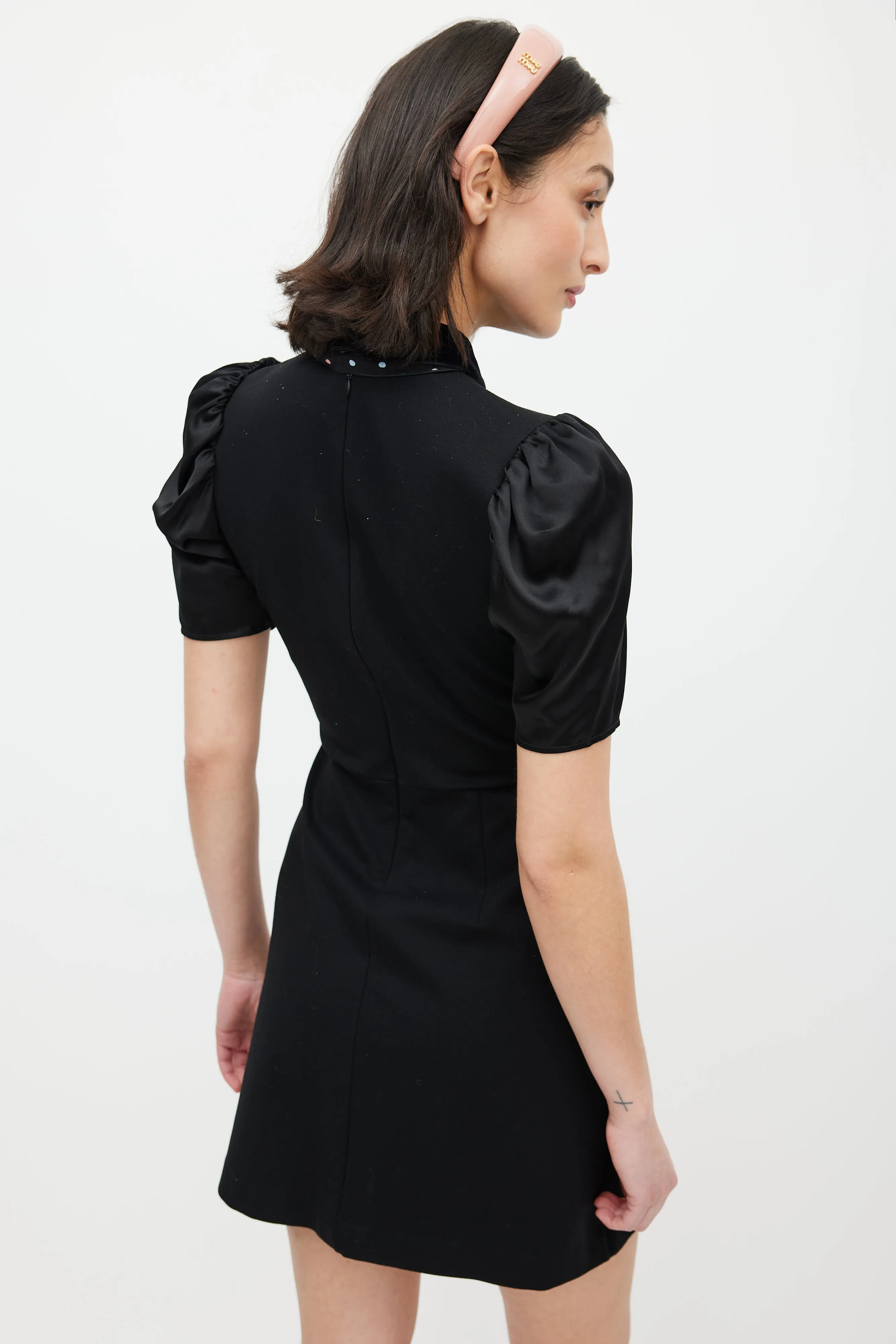Black Puffed Sleeve Polka Dot Belted Dress