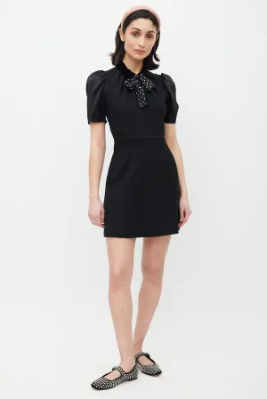 Black Puffed Sleeve Polka Dot Belted Dress