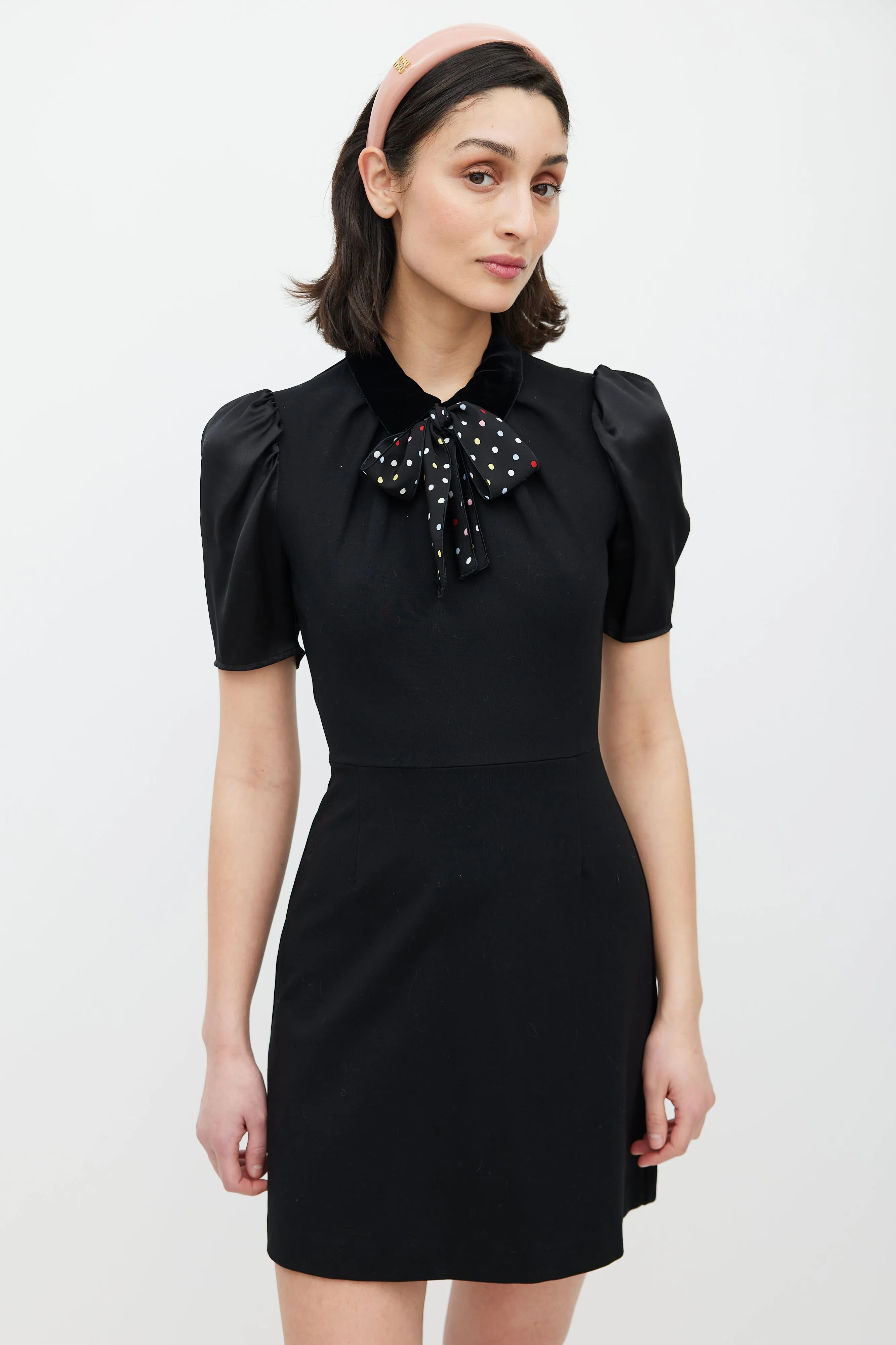 Black Puffed Sleeve Polka Dot Belted Dress