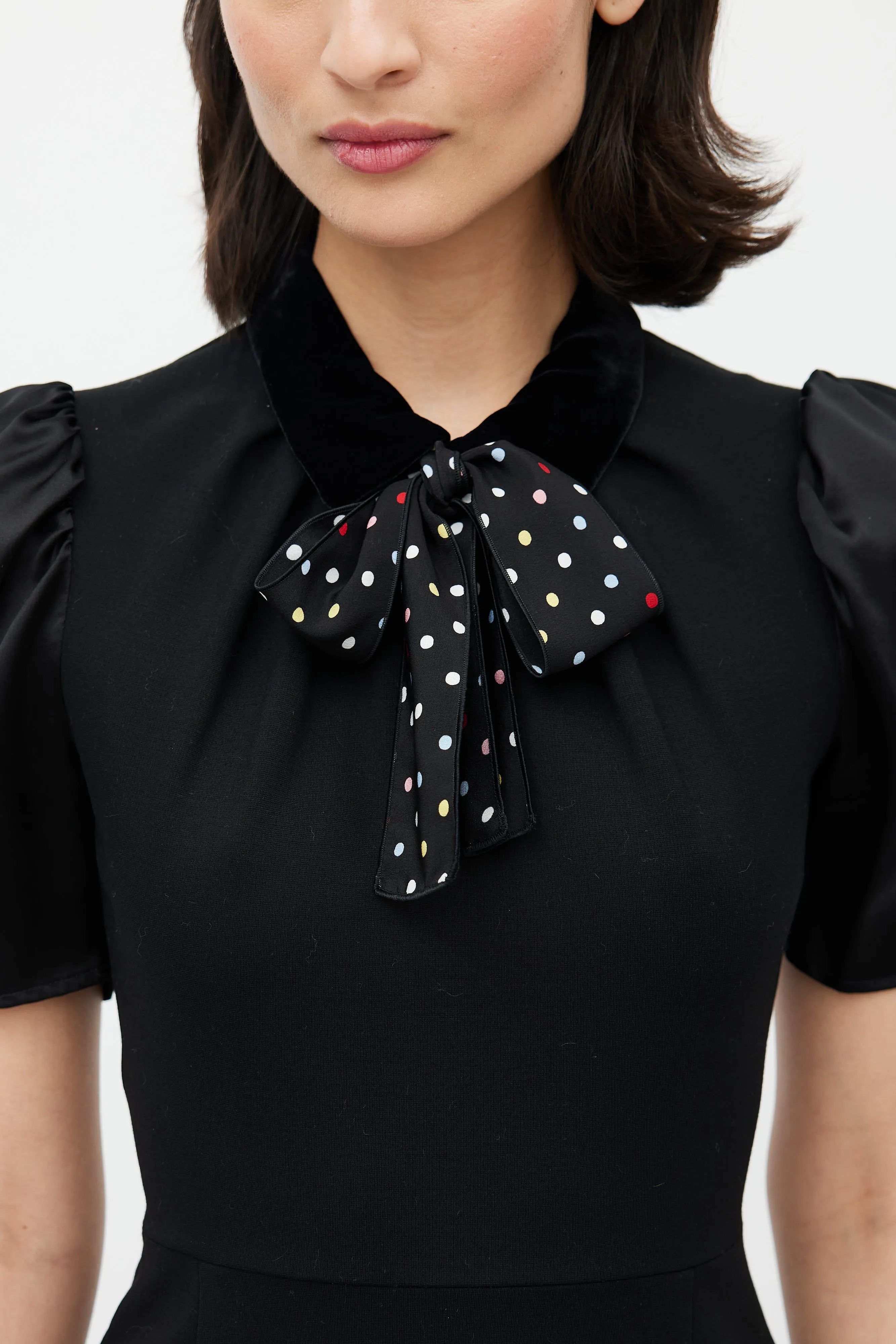 Black Puffed Sleeve Polka Dot Belted Dress