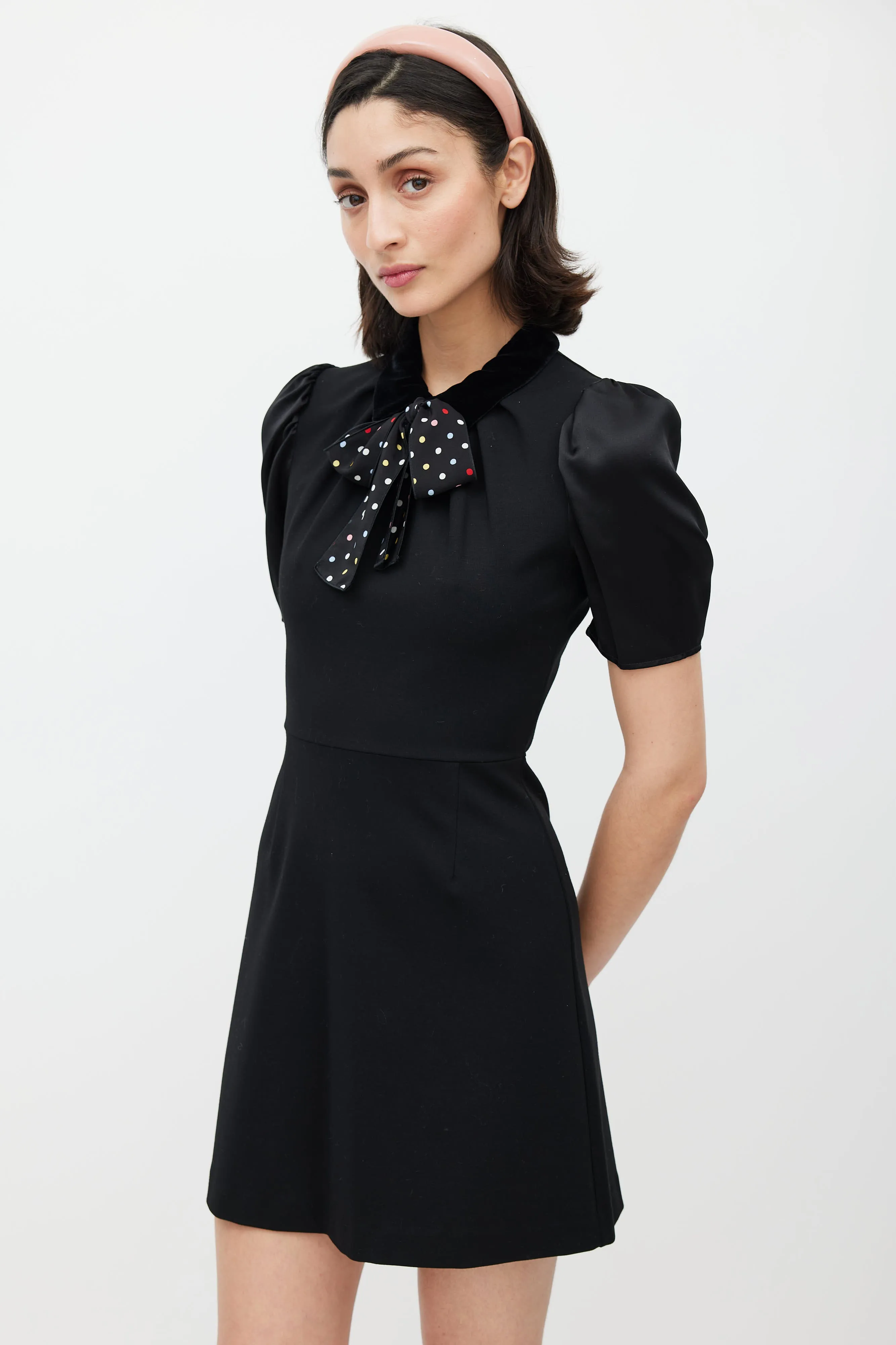 Black Puffed Sleeve Polka Dot Belted Dress
