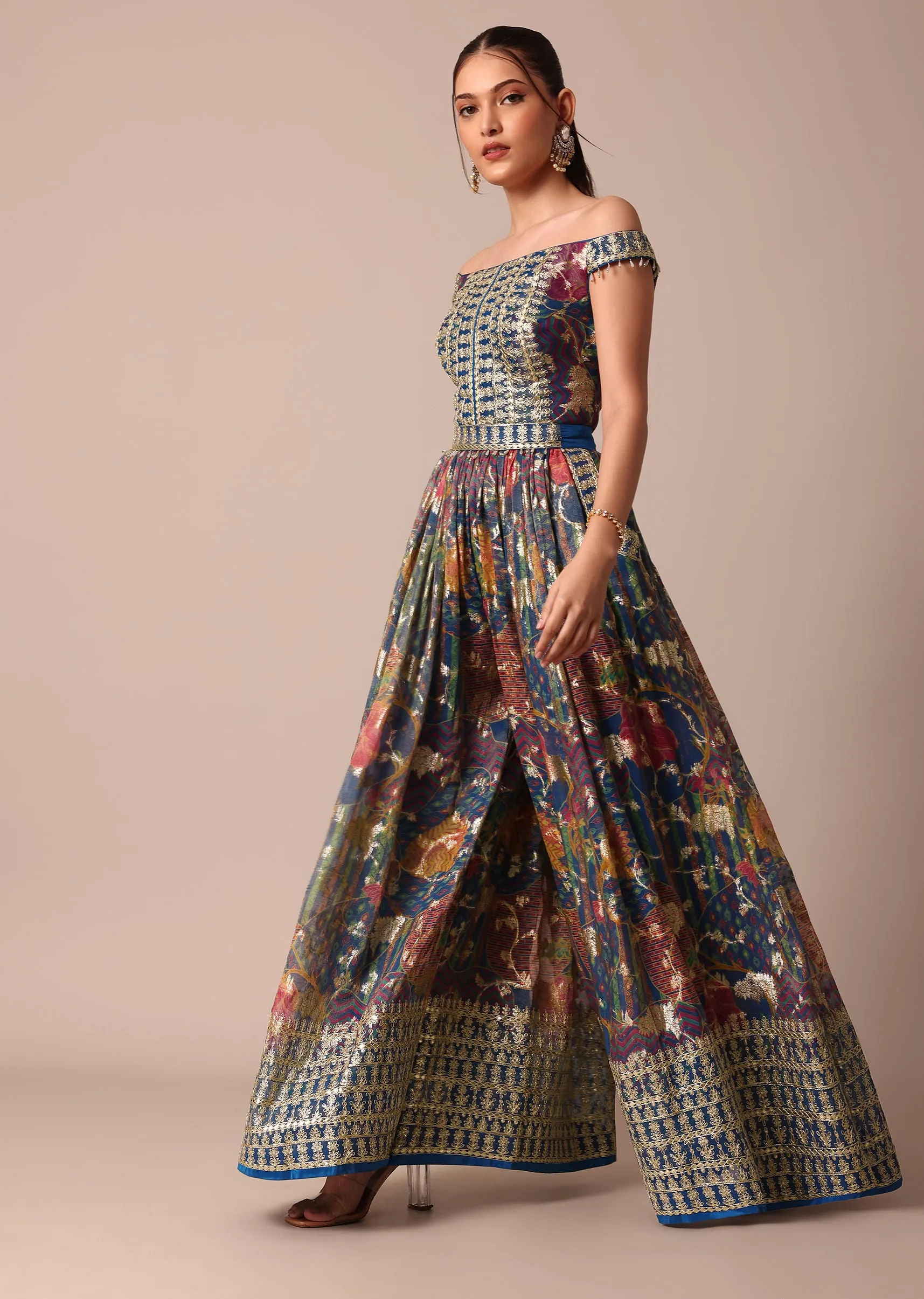 Blue Banarasi Silk Embroidery Printed Party Jumpsuit With Belt