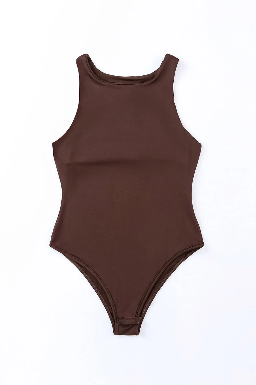 Brown Solid Crew Neck Sleeveless Bodysuit