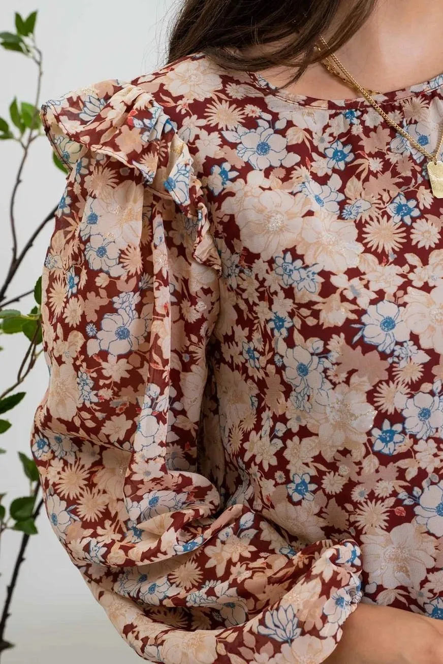 Burgundy Floral Ruffled Long Sleeve Top