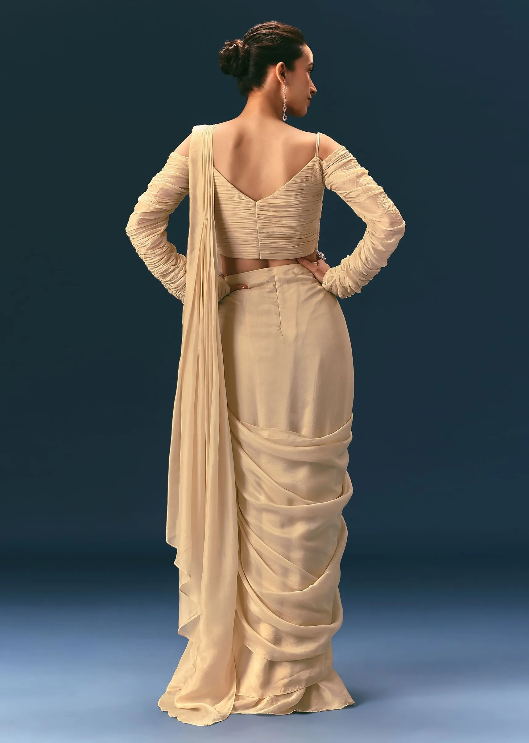 Champagne Peach Embroidered Readymade Saree With 3D Applique Blouse