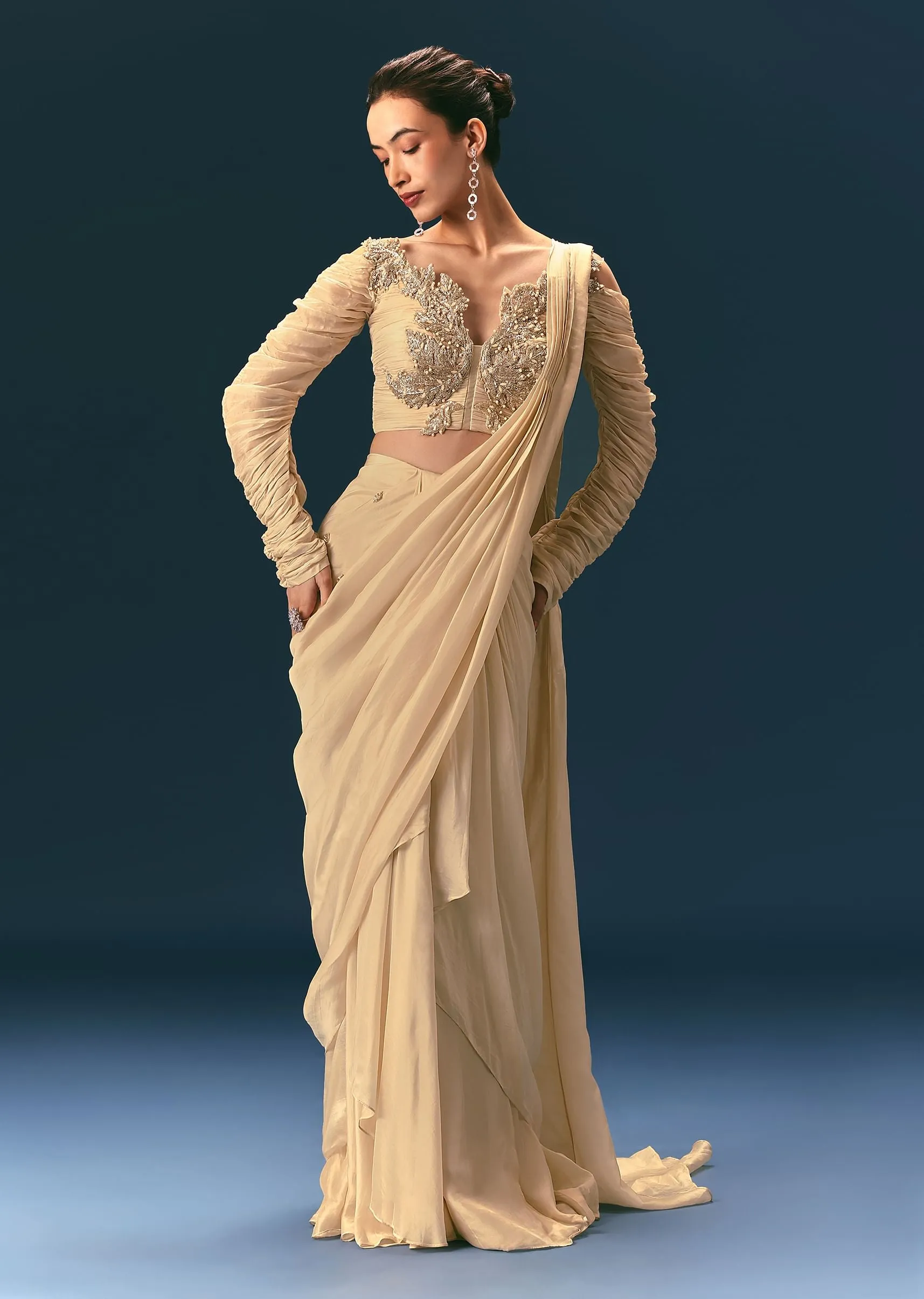 Champagne Peach Embroidered Readymade Saree With 3D Applique Blouse
