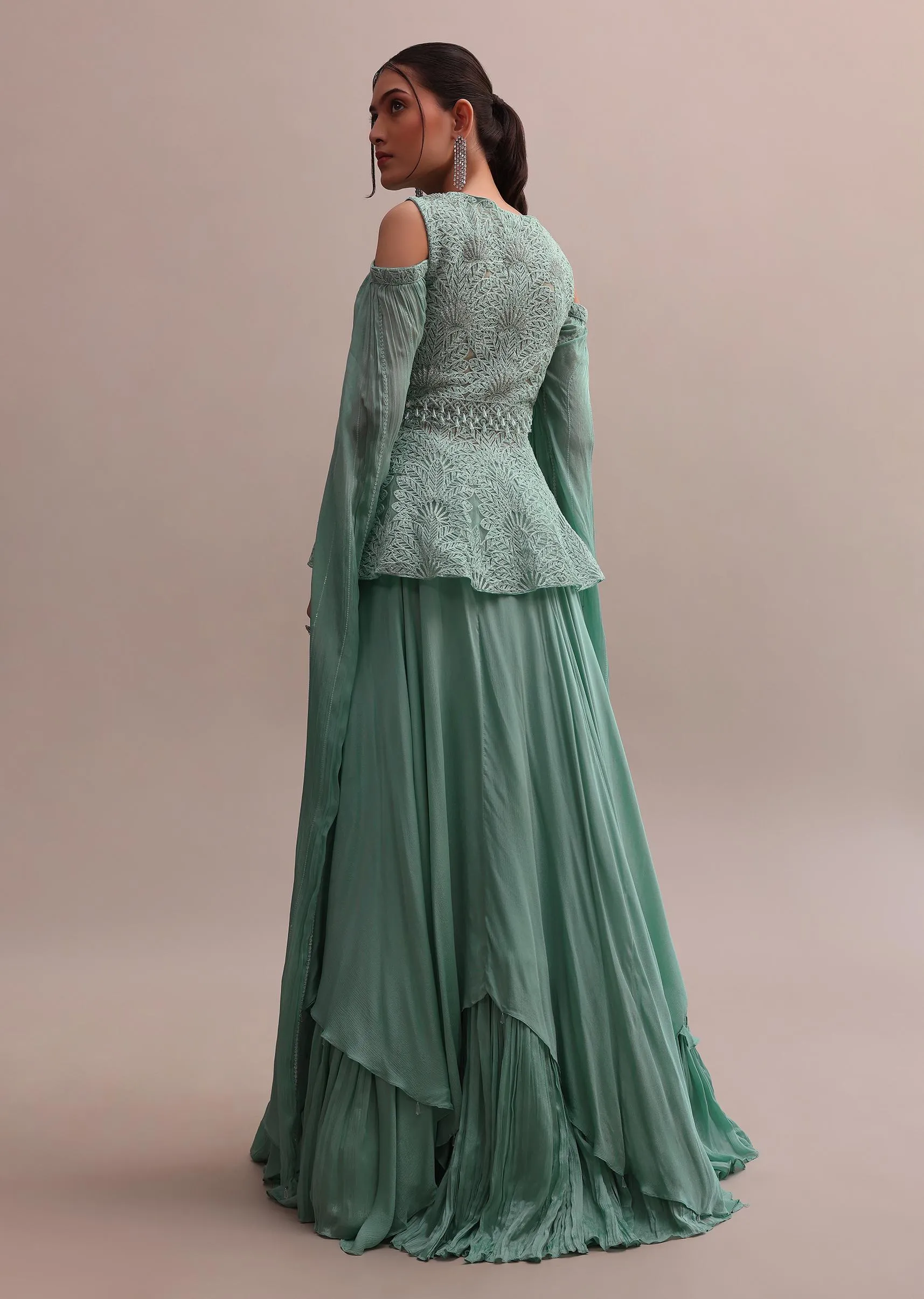 Chic Turquoise Blue Lehenga With Embroidered Off-Shoulder Short Kurta