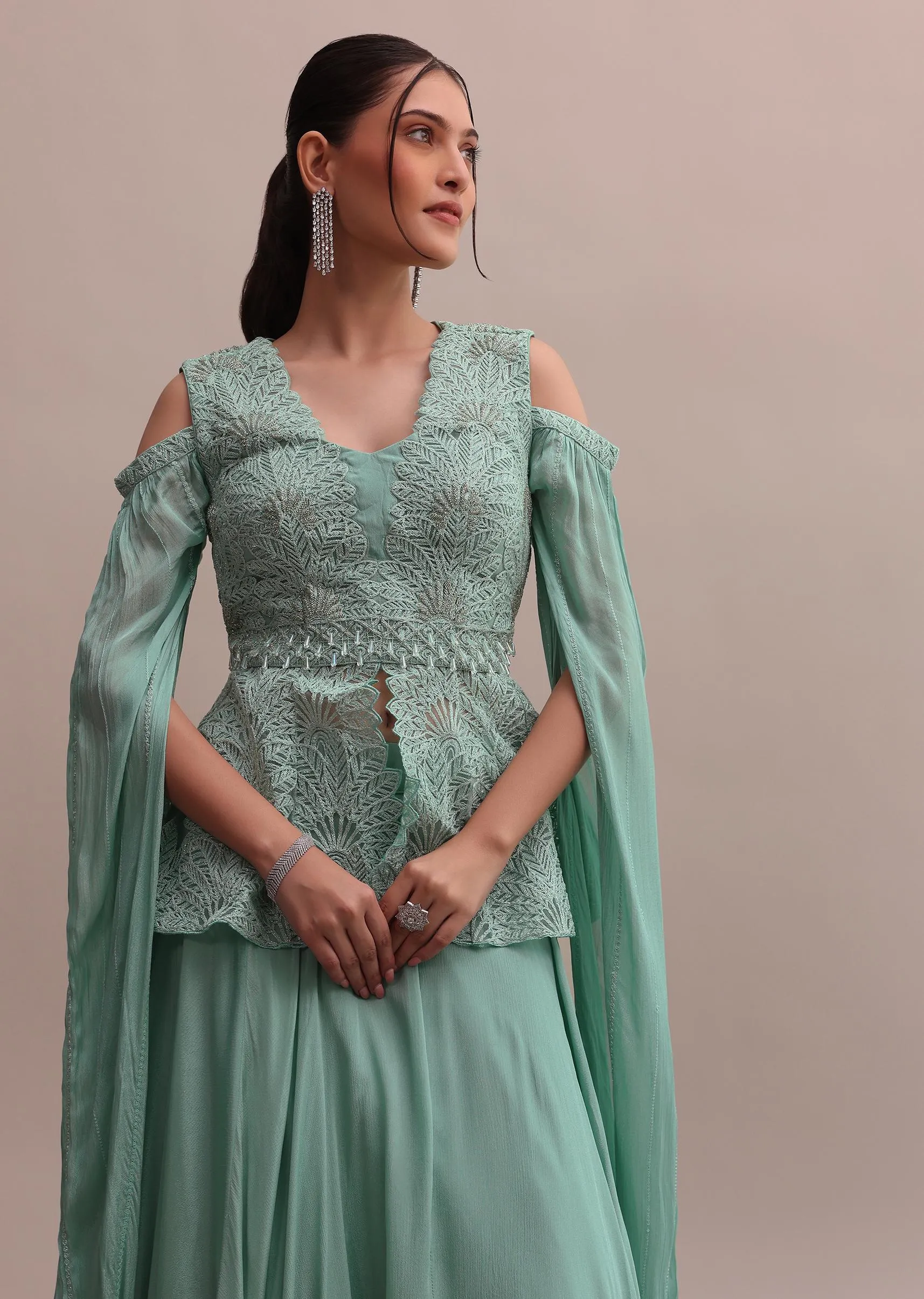 Chic Turquoise Blue Lehenga With Embroidered Off-Shoulder Short Kurta