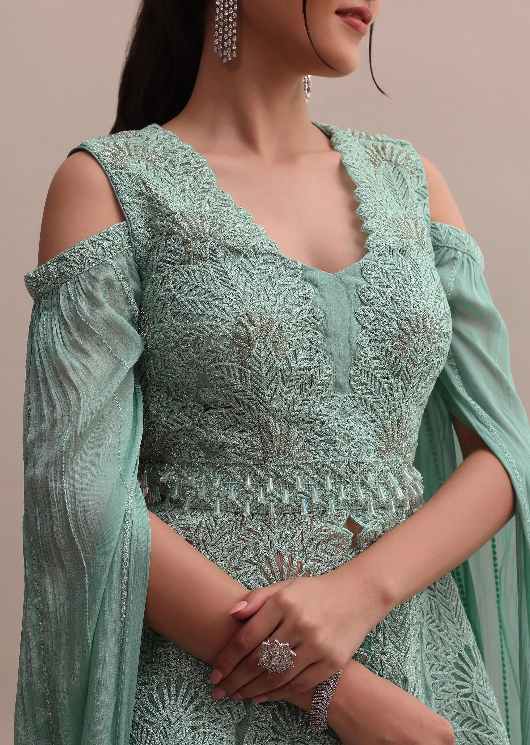 Chic Turquoise Blue Lehenga With Embroidered Off-Shoulder Short Kurta