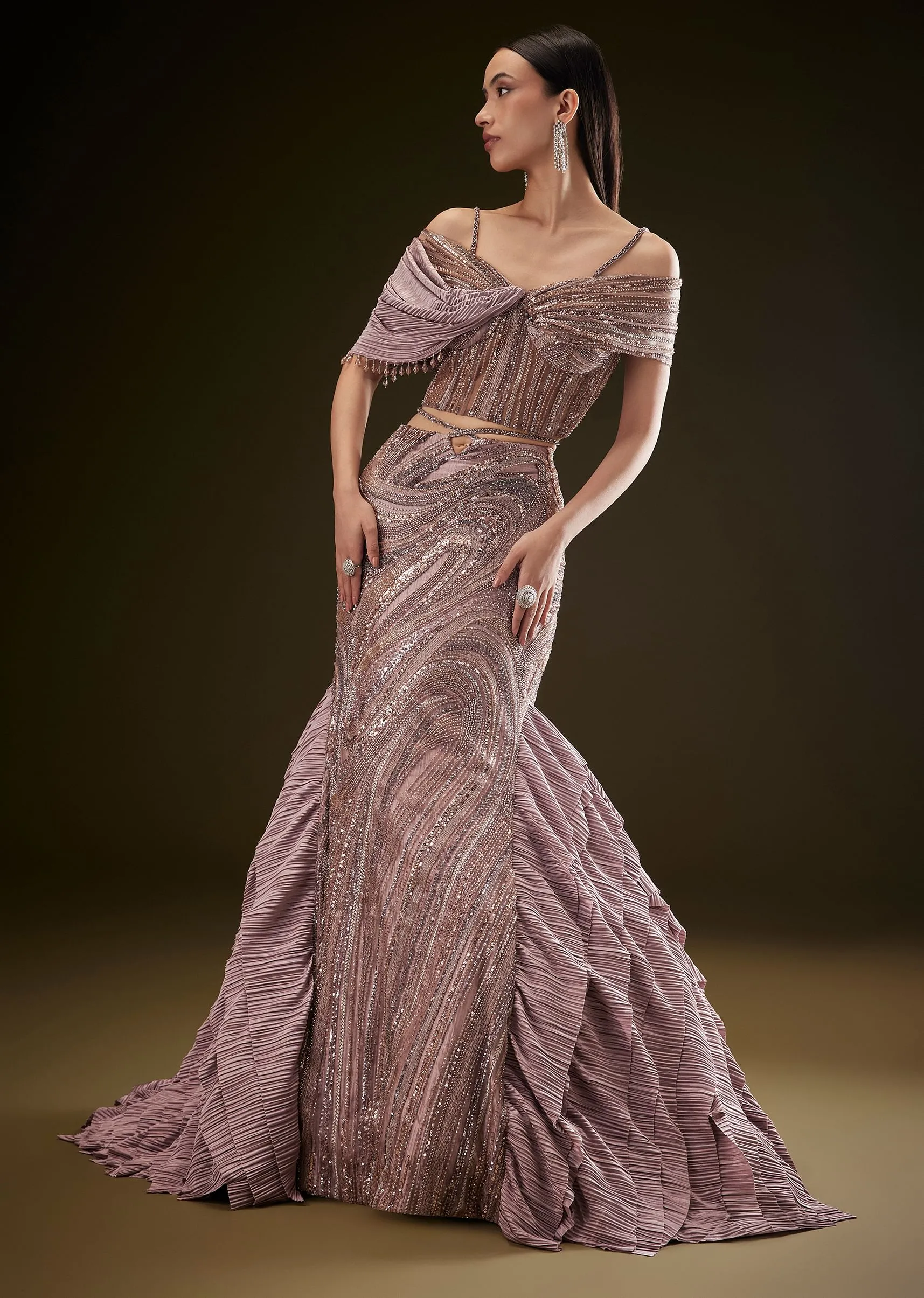 Coffee Brown Fish Cut Lehenga With Attached Trail