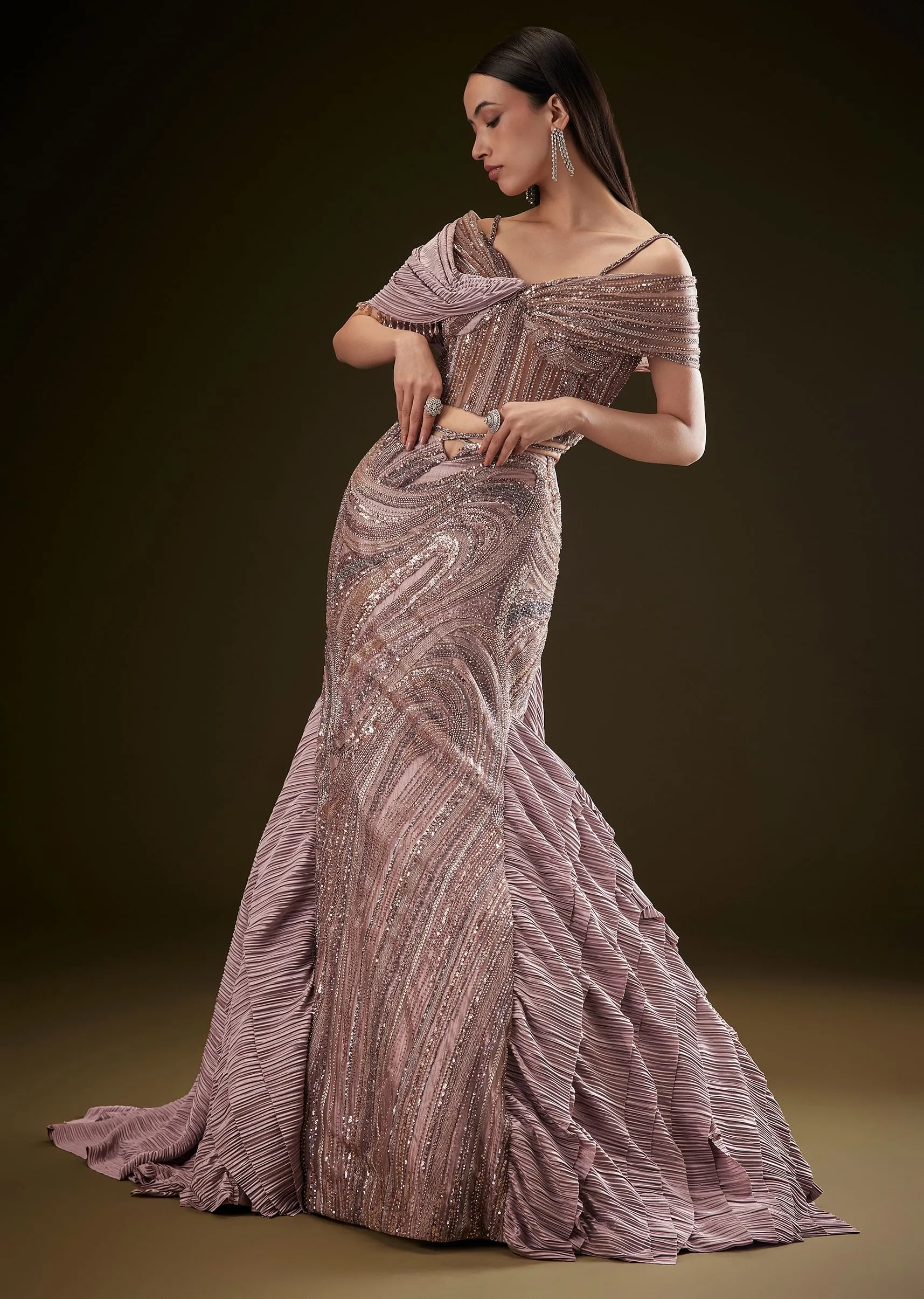 Coffee Brown Fish Cut Lehenga With Attached Trail