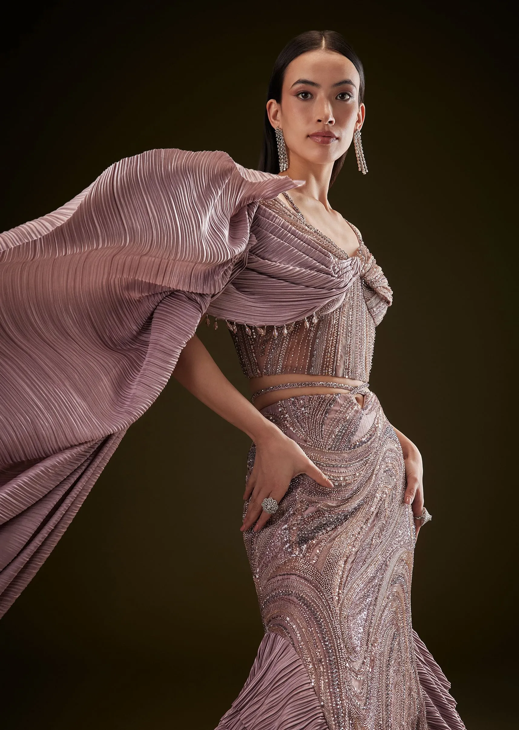 Coffee Brown Fish Cut Lehenga With Attached Trail