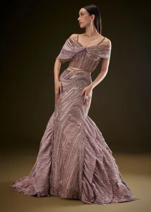 Coffee Brown Fish Cut Lehenga With Attached Trail