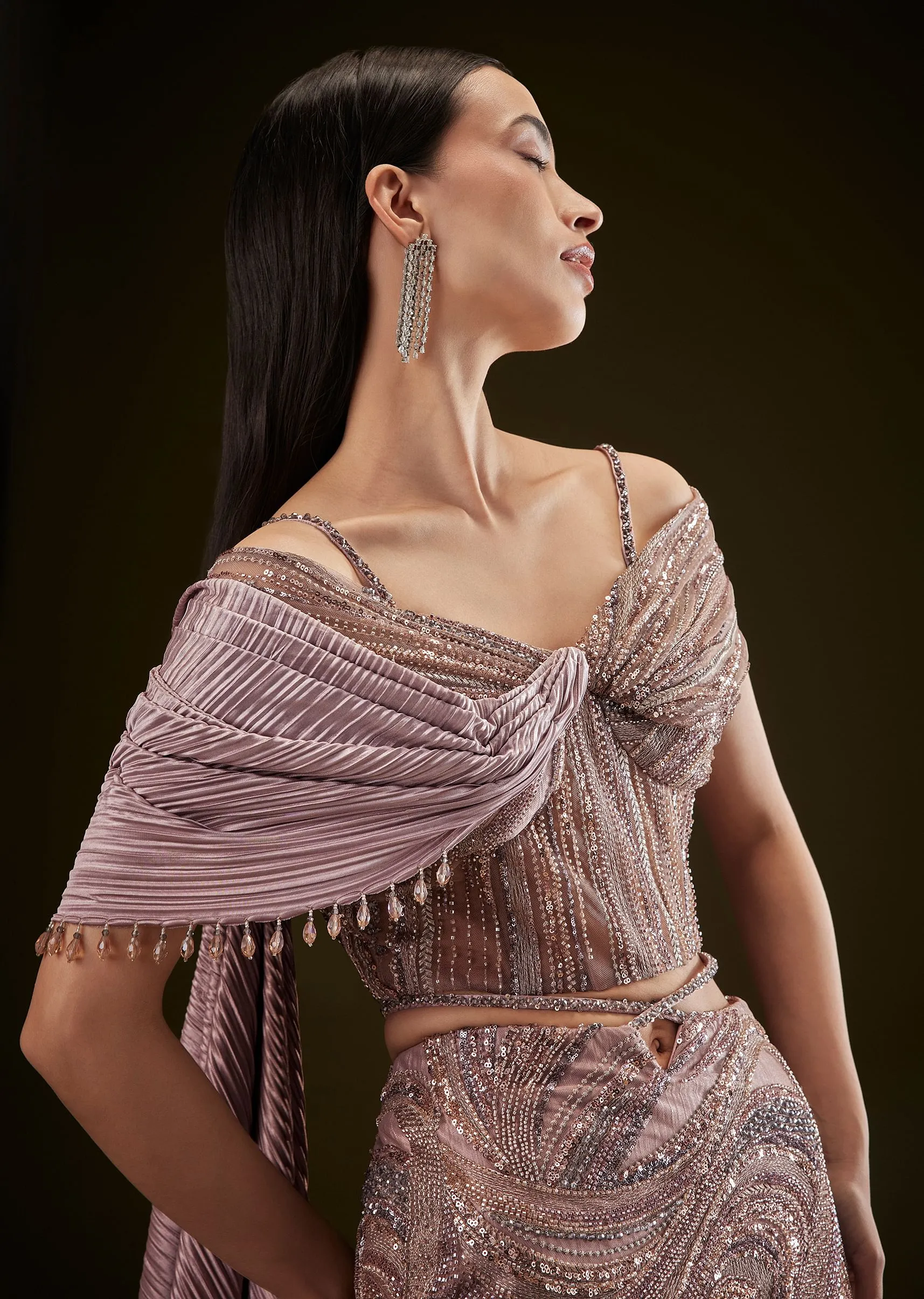 Coffee Brown Fish Cut Lehenga With Attached Trail