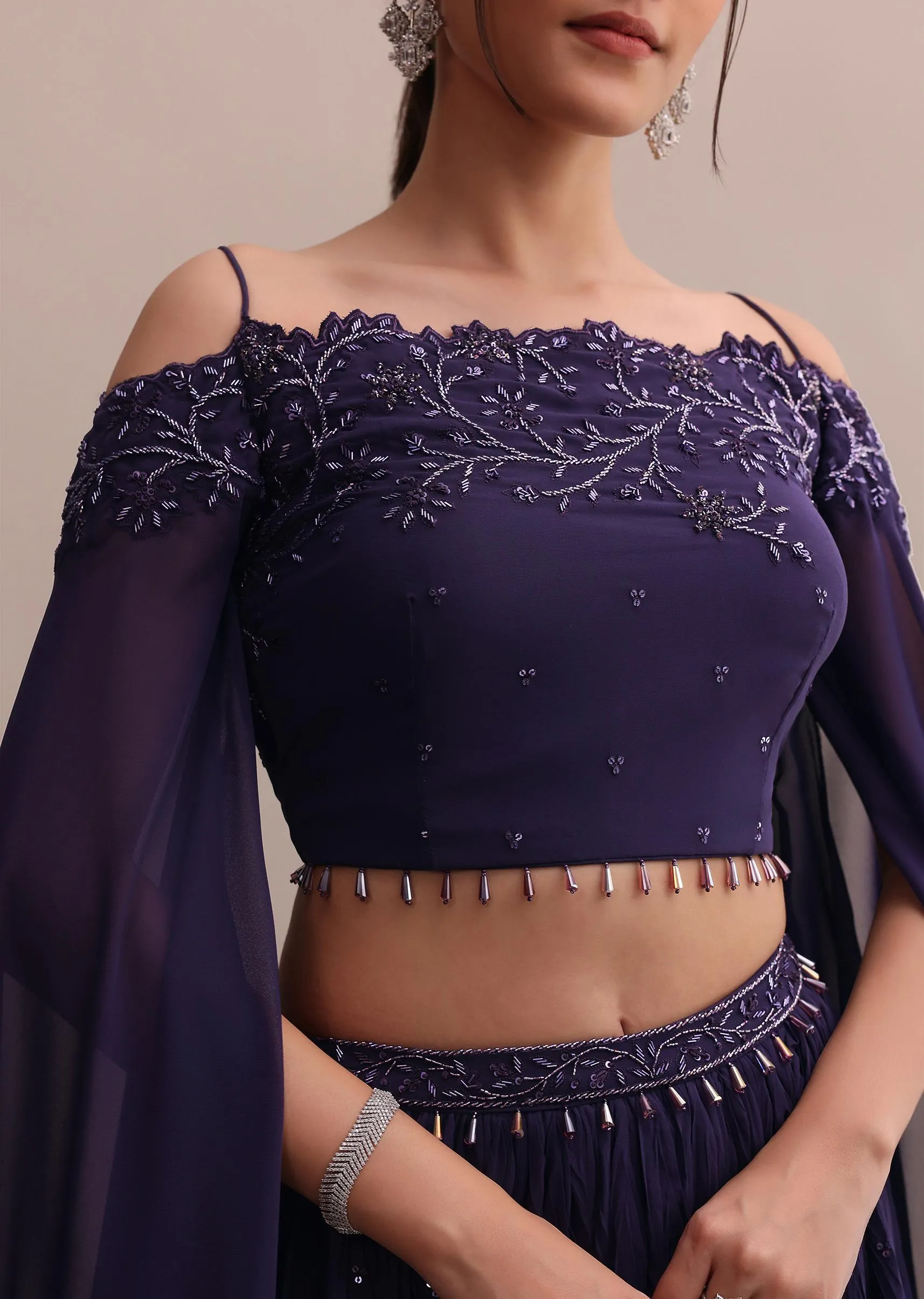 Elegant Georgette Purple Lehenga Set With Embroidered Off-Shoulder Crop Top