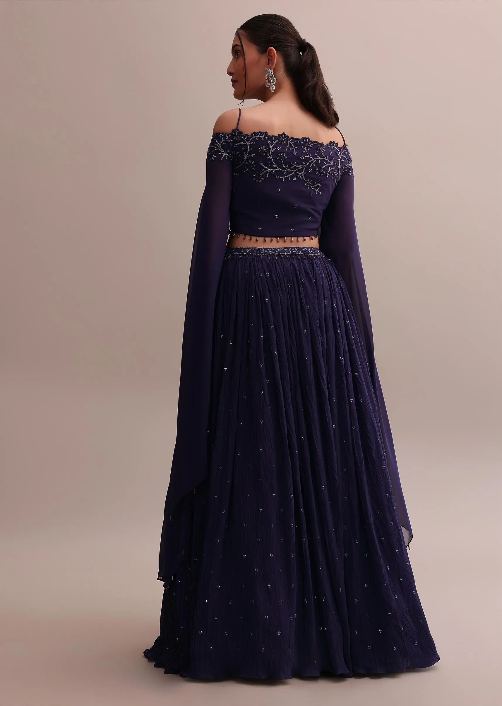 Elegant Georgette Purple Lehenga Set With Embroidered Off-Shoulder Crop Top