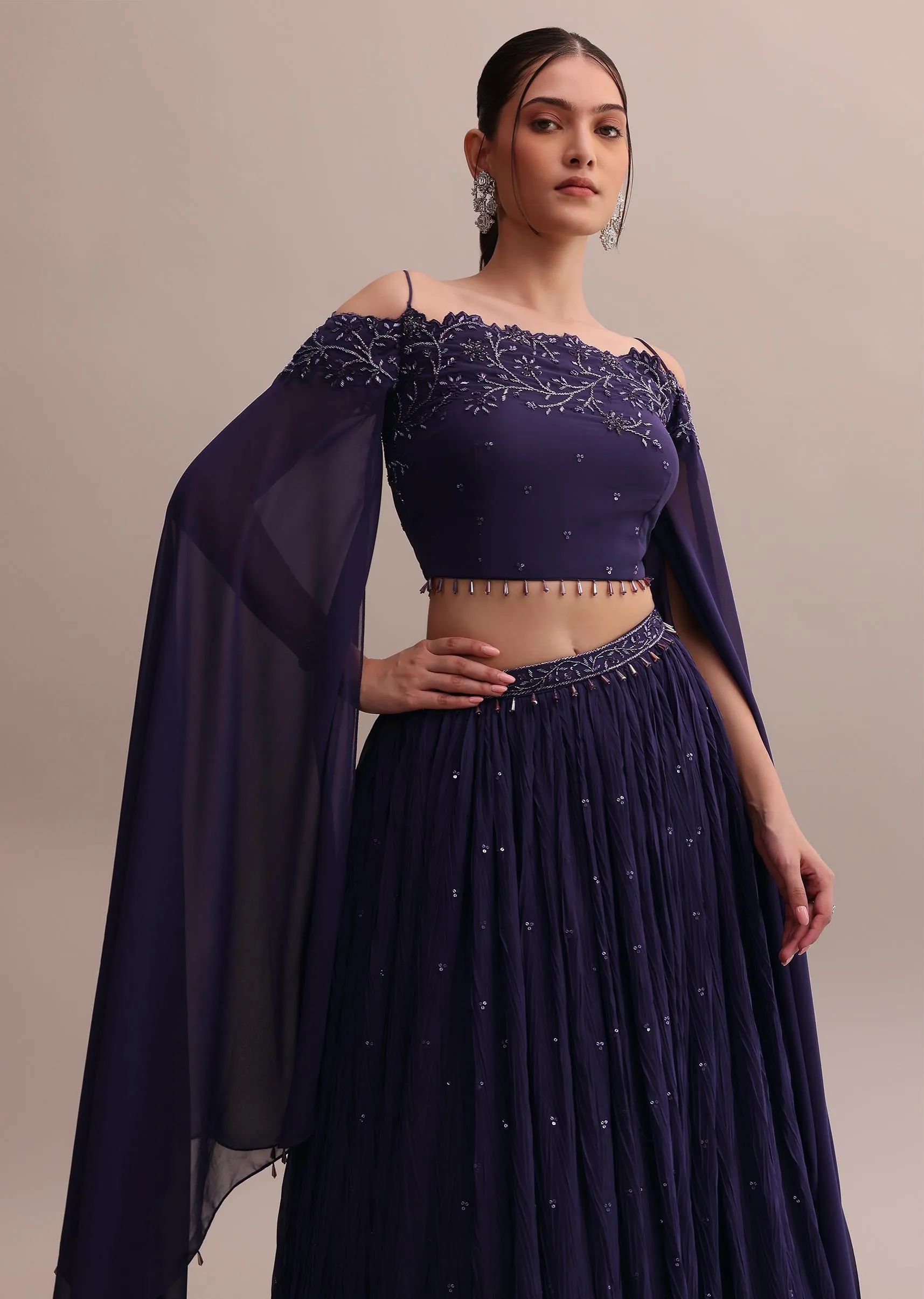 Elegant Georgette Purple Lehenga Set With Embroidered Off-Shoulder Crop Top