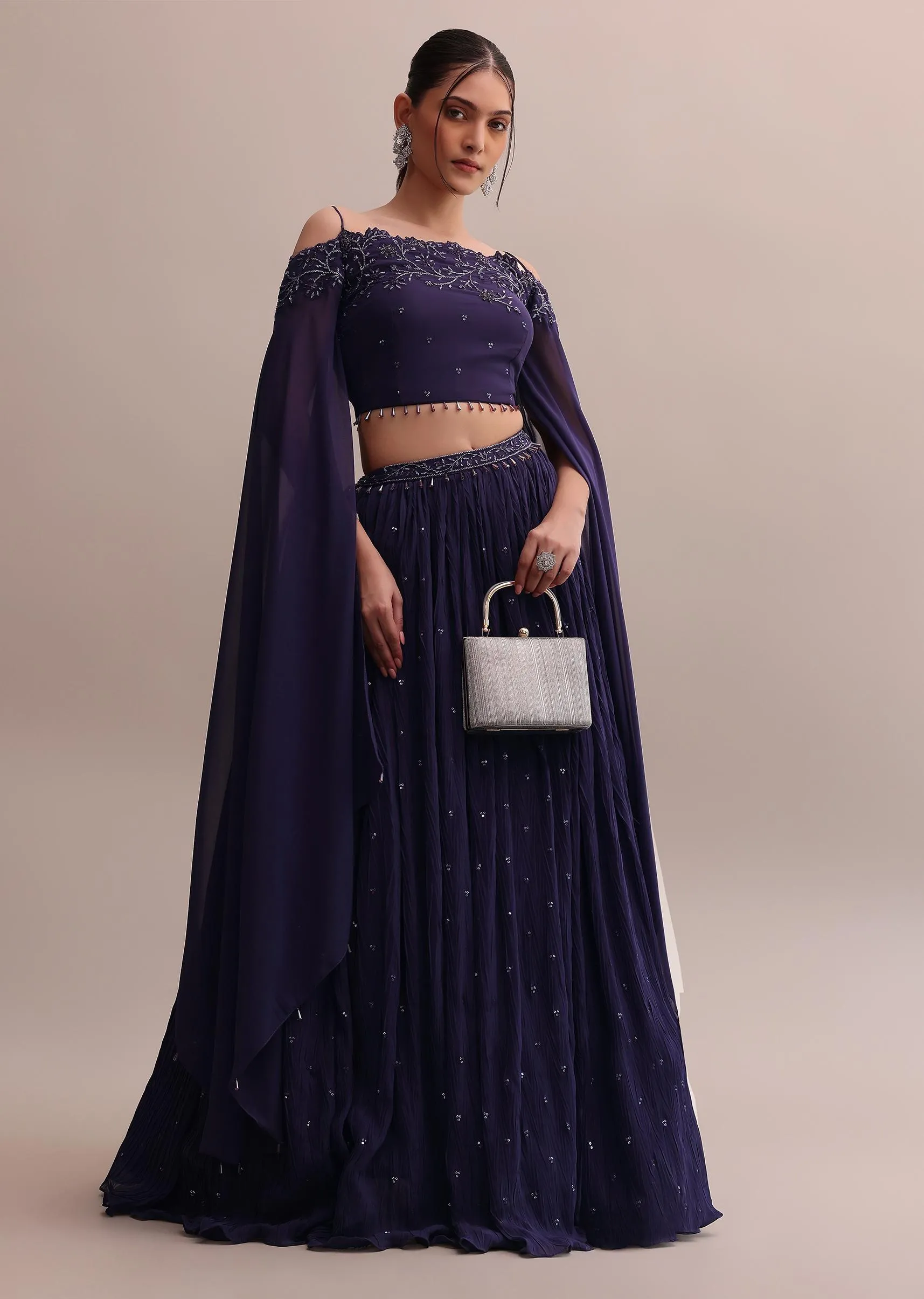 Elegant Georgette Purple Lehenga Set With Embroidered Off-Shoulder Crop Top
