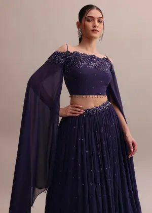 Elegant Georgette Purple Lehenga Set With Embroidered Off-Shoulder Crop Top