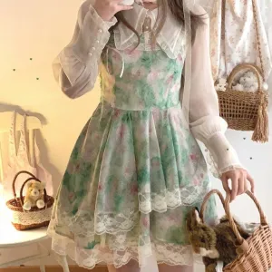 Emeralds, Rose Quartz, and Lace      Dress Kawaii Academia Y2K Cottagecore Coquette Fairycore Dollette Princesscore