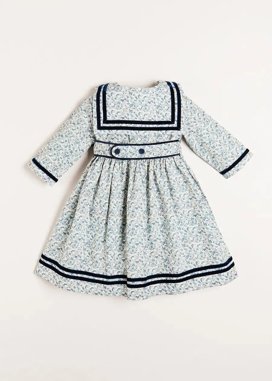 Evelyn Floral Mariner Collar Long Sleeve Dress in Blue (18mths-10yrs)