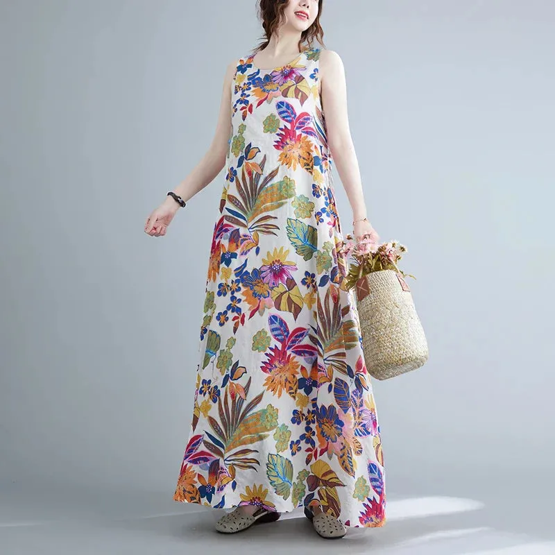 Floral Print Cotton Linen Long Dress