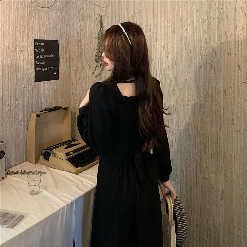 French Vintage Black Ruched Dress