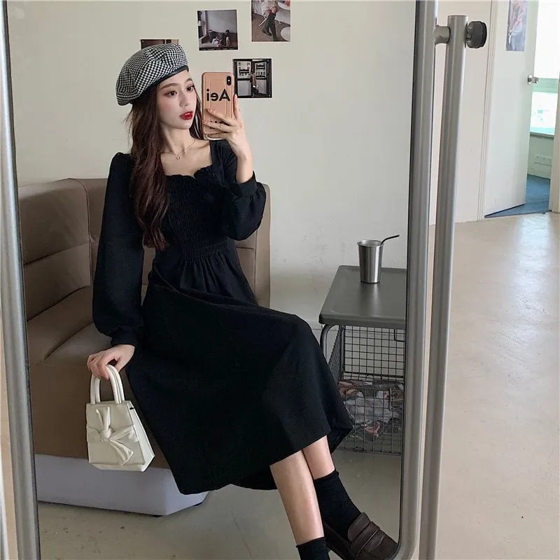 French Vintage Black Ruched Dress