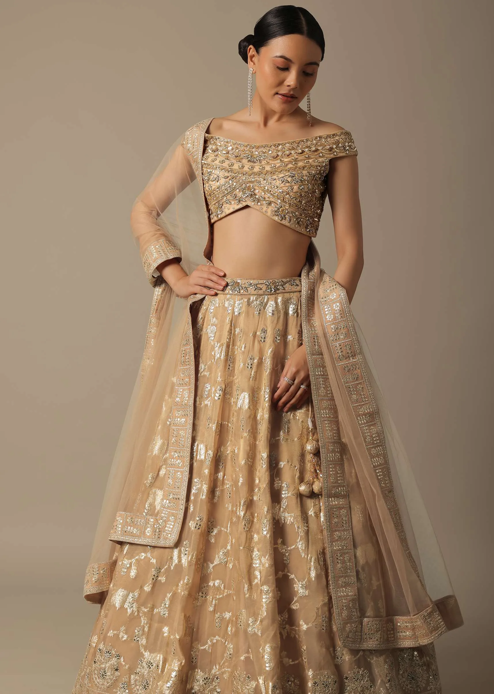Gold Hand Embroidered Lehenga Set In Net