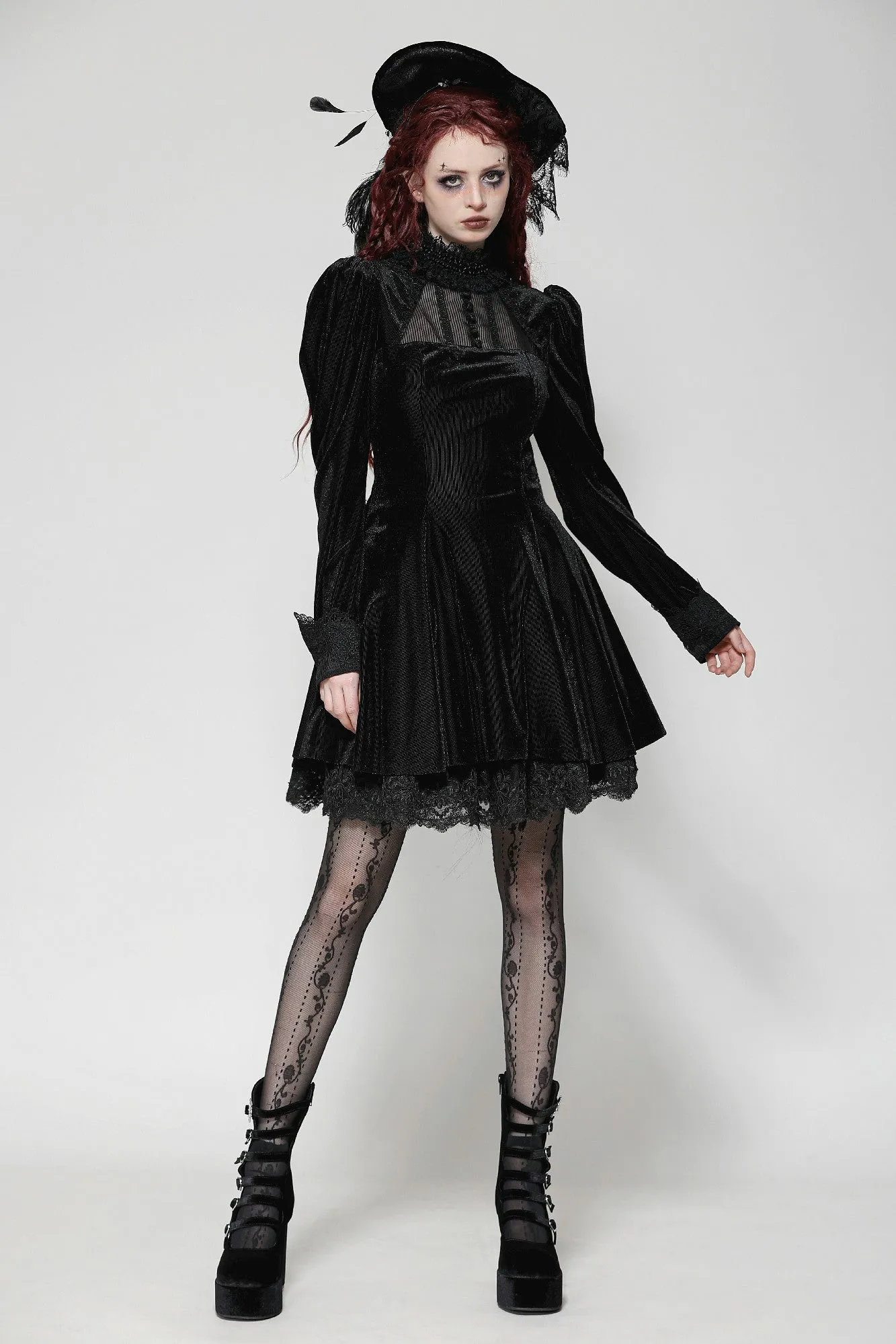 Gothic Velvet Lace Long-Sleeve Dress DW1006