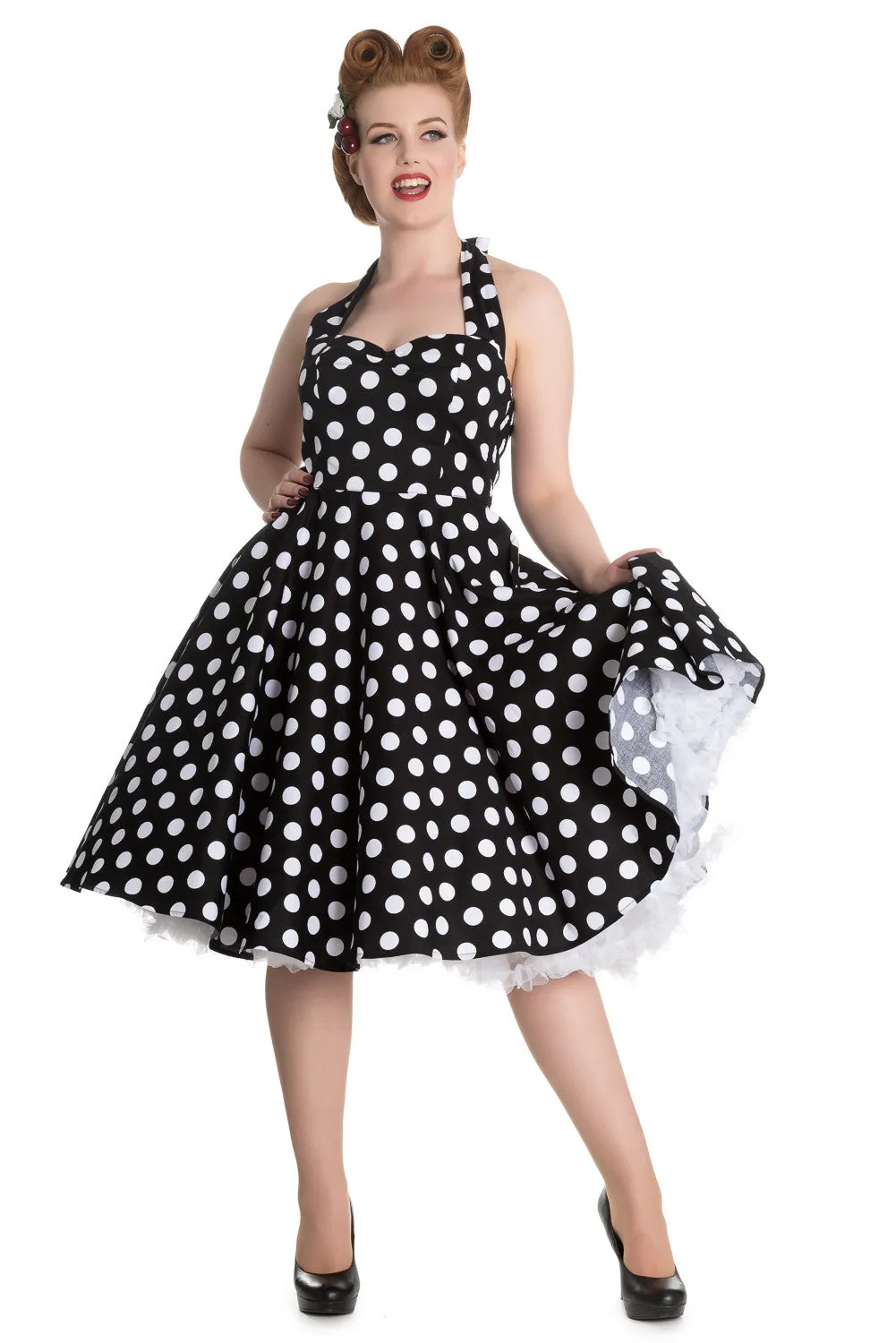 Hell Bunny 60's Black and White Polka Dot Halter Flare Party Dress
