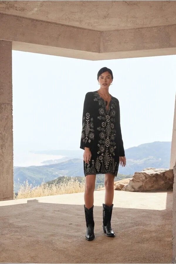 Johnny Was Liona Velvet Kimono Sleeve Dress Flowers Embroidery Black Floral NEW