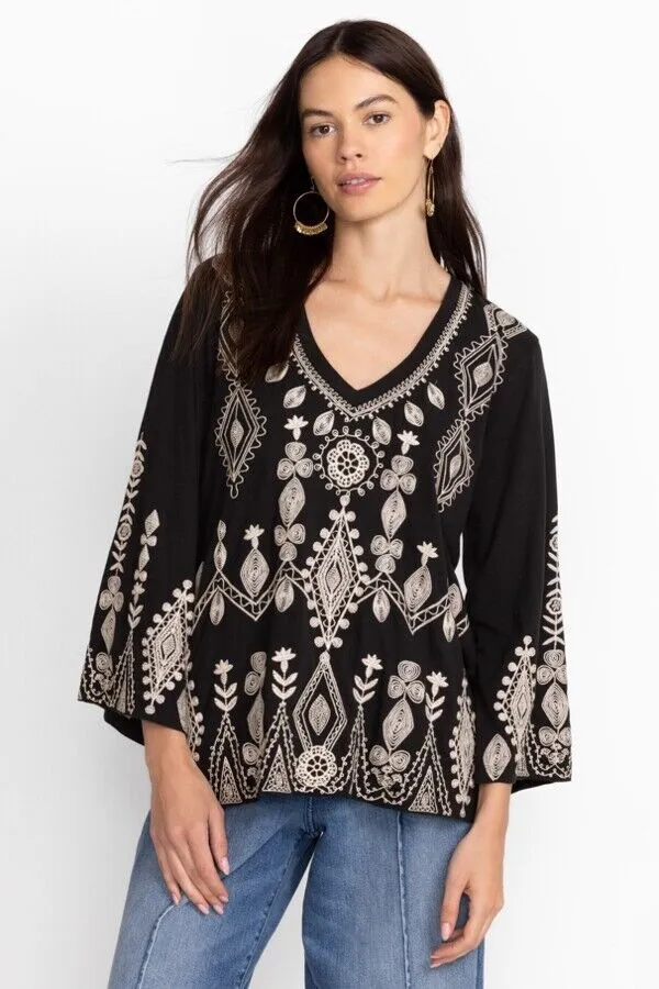 Johnny Was Liona Velvet Kimono Sleeve Dress Flowers Embroidery Black Floral NEW