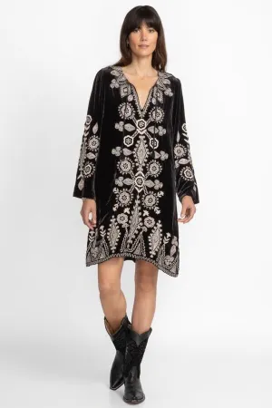 Johnny Was Liona Velvet Kimono Sleeve Dress Flowers Embroidery Black Floral NEW