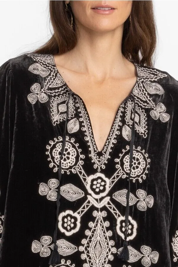 Johnny Was Liona Velvet Kimono Sleeve Dress Flowers Embroidery Black Floral NEW