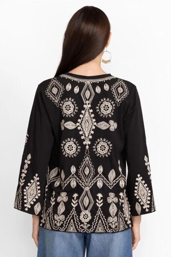 Johnny Was Liona Velvet Kimono Sleeve Dress Flowers Embroidery Black Floral NEW