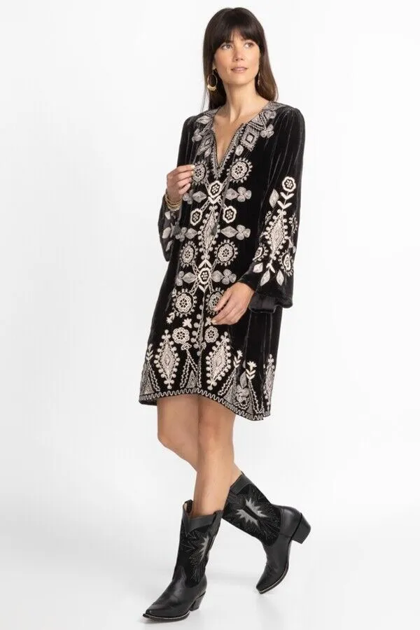 Johnny Was Liona Velvet Kimono Sleeve Dress Flowers Embroidery Black Floral NEW