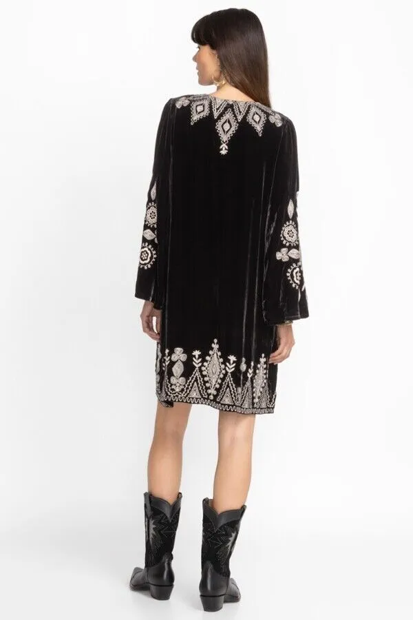 Johnny Was Liona Velvet Kimono Sleeve Dress Flowers Embroidery Black Floral NEW