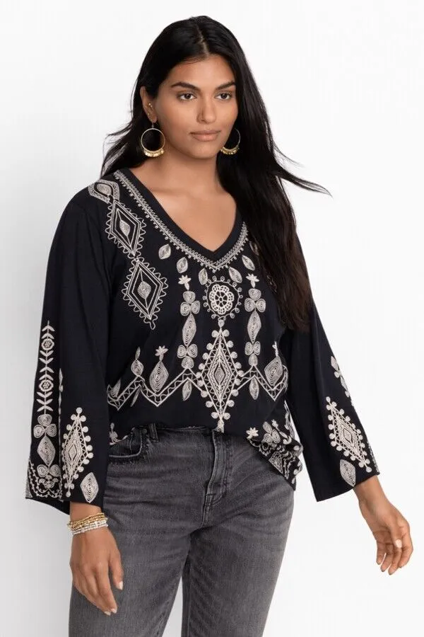 Johnny Was Liona Velvet Kimono Sleeve Dress Flowers Embroidery Black Floral NEW